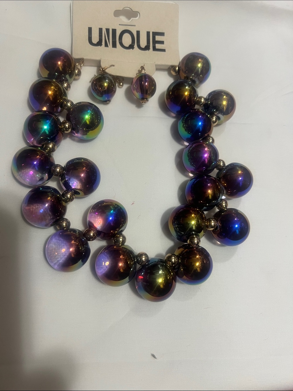 Nique Iridescent Bubble Necklace and Earrings in Purple, Blue, Green, Gold
